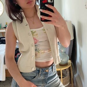 white knitted & collared club monaco button up vest, size m